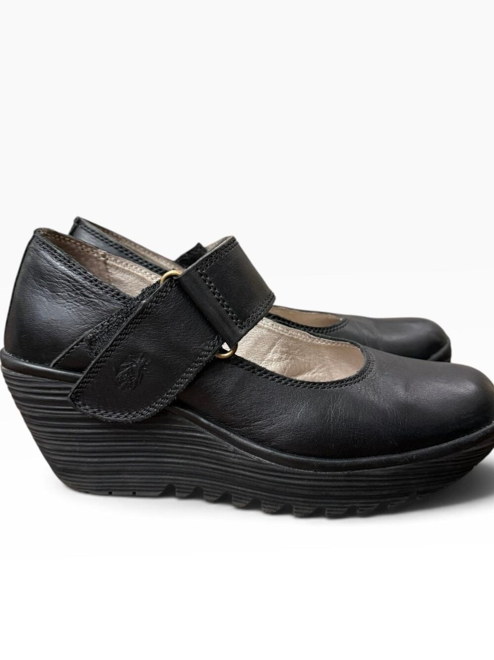 Fly London Black Leather Mary Jane Wedge Pumps